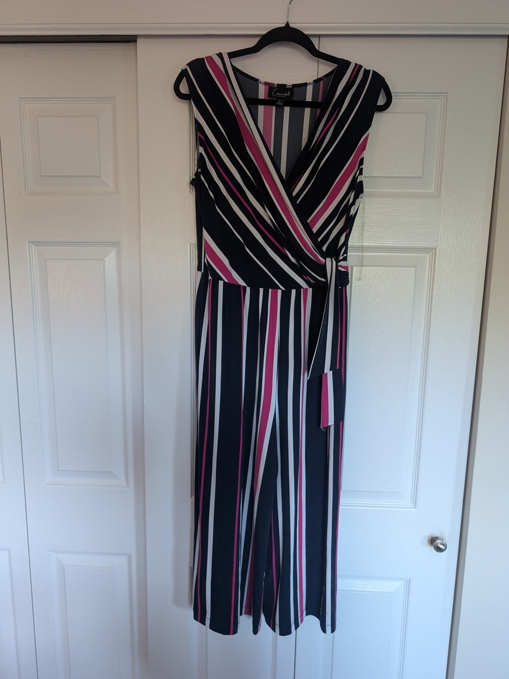connected apparel Black, Pink & White Striped Wrap Jumpsuit